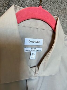 Calvin Klein Men’s Steel+ Regular Fit Dress Shirt in Beige